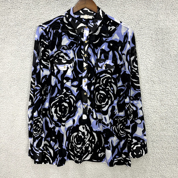 Dana Buchman Popover top Womens XL Black 3D Rose Sheer Mesh Long Sleeve Boho Art - Picture 1 of 7